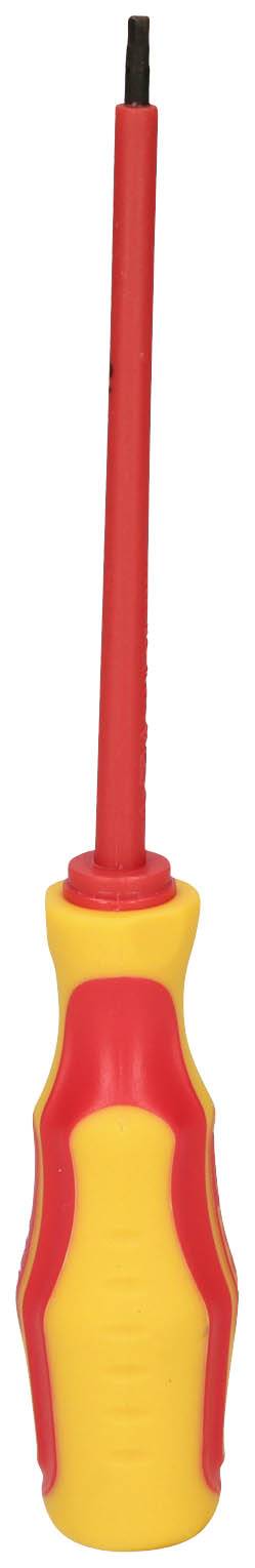 Ein gelb-roter Schraubendreher mit isoliertem Griff und schwarzer Spitze, geeignet für Arbeiten unter elektrischer Spannung.