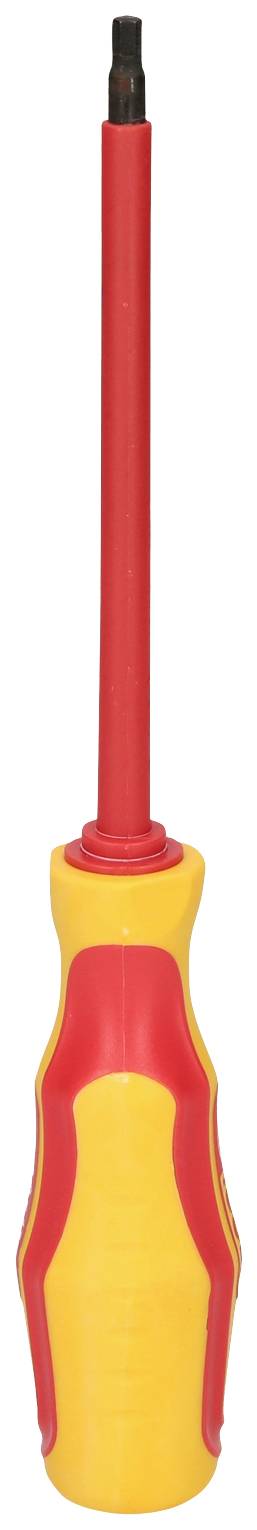 Ein isolierter Schraubendreher mit rotem, gummiertem Griff und einer langen, schmalen Metallklinge.
