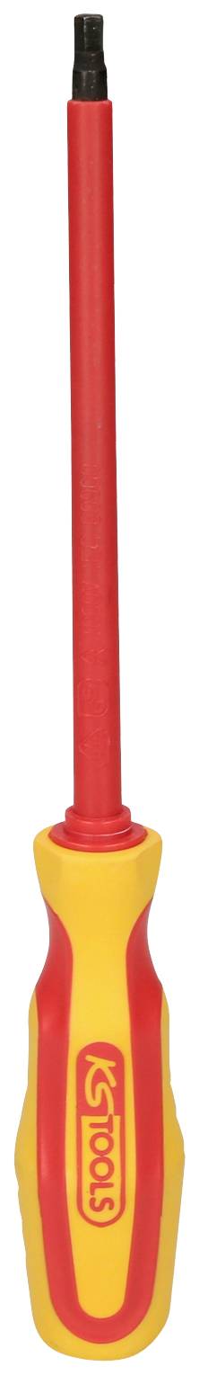 Ein isolierter Schraubendreher mit rotem Griff und gelbem Akzent, geeignet für elektrotechnische Arbeiten.