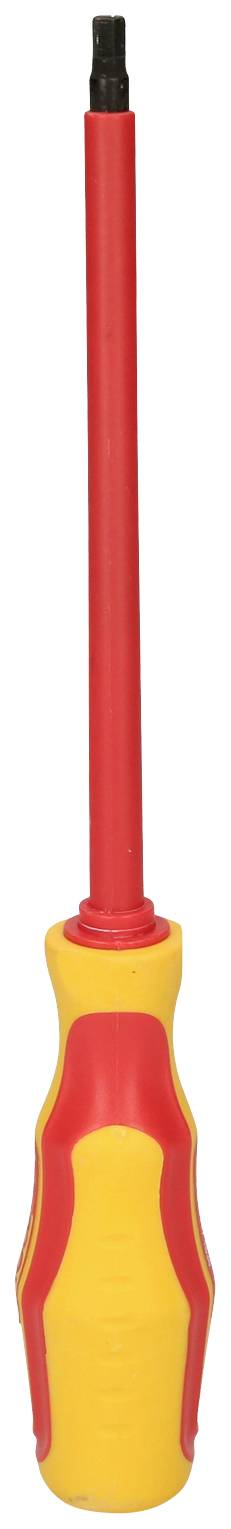 Isolierter Schraubendreher mit gelbem und rotem Griff, geeignet für die Arbeit an elektrischen Geräten.
