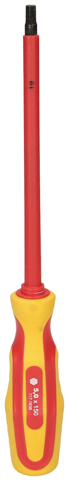 Isolierter Schraubendreher mit rotem Griff und gelber Akzentuierung, geeignet für elektrische Arbeiten.