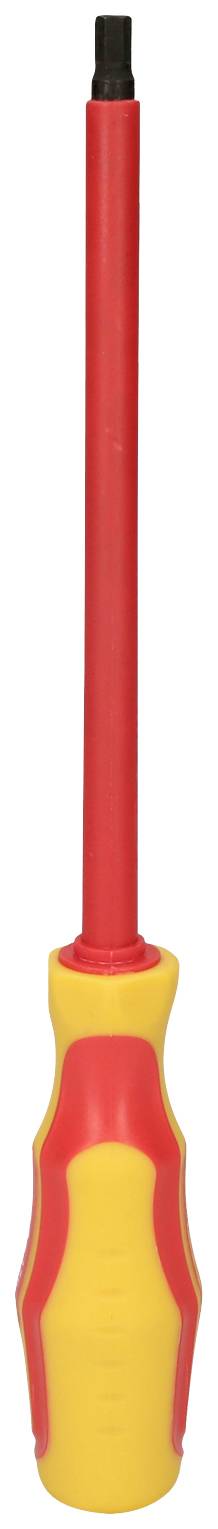 Ein gelb-roter Schraubendreher mit isoliertem Griff und langem Schaft.
