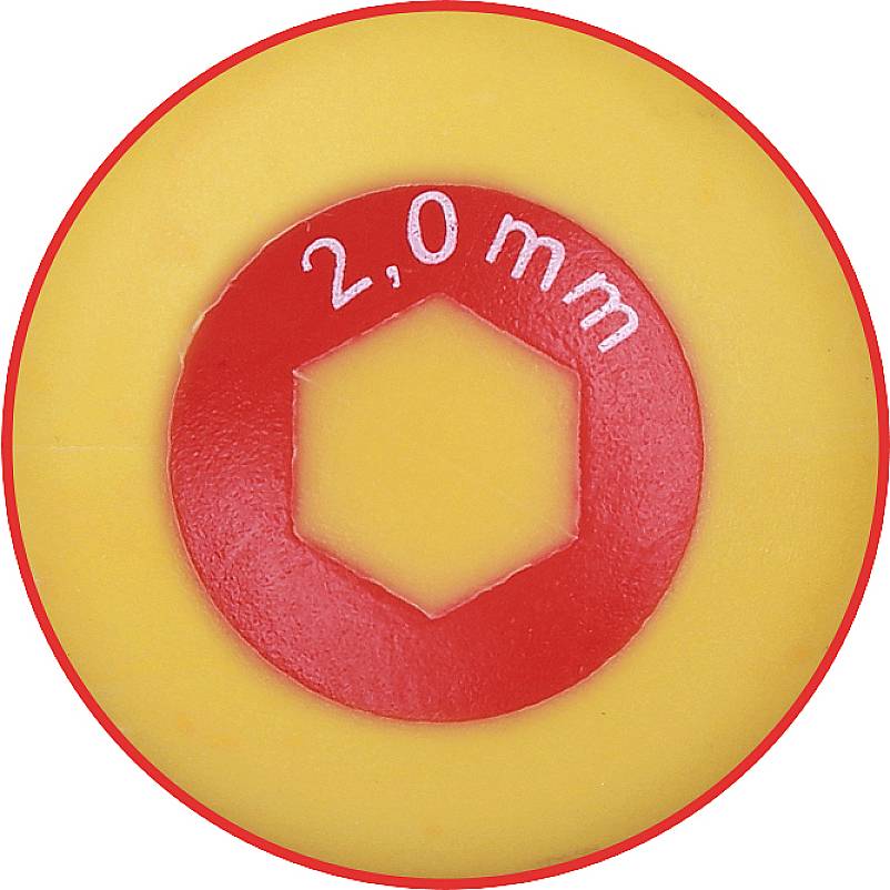Nahaufnahme eines sechseckigen Schlüssellochs auf einem gelben Hintergrund mit rotem Rand, beschriftet mit '2,0 mm'.