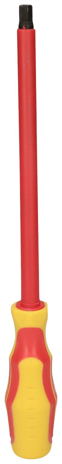 Ein roter und gelber isolierter Schraubendreher mit langem Schaft, geeignet für elektrische Arbeiten.