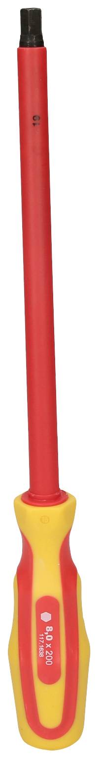 Ein gelb-roter isolierter Schraubendreher mit langem Schaft für elektrische Arbeiten.