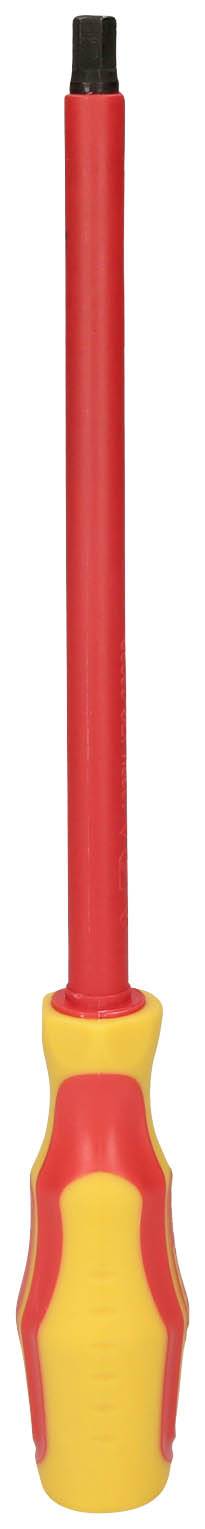 Ein roter und gelber Schraubendreher mit isoliertem Griff, geeignet für Arbeiten an elektrischen Geräten.