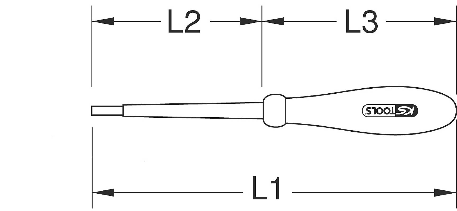 Strichzeichnung eines Schlitzschraubenziehers mit markierten Längen L1, L2, und L3.