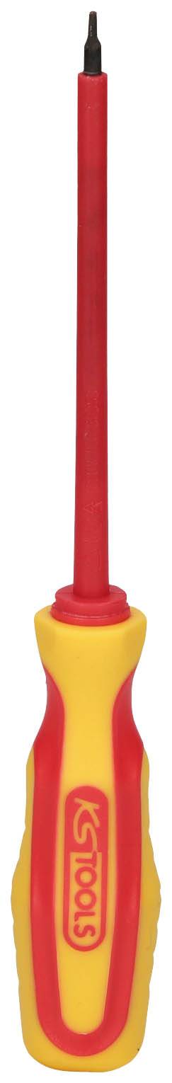 Ein roter und gelber Schraubendreher mit isoliertem Griff, typischerweise für Elektroarbeiten verwendet.