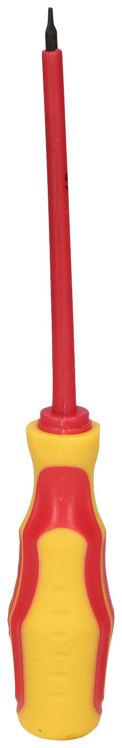 Ein gelb-roter Schraubendreher mit einem isolierten Griff und einer schwarzen Spitze.