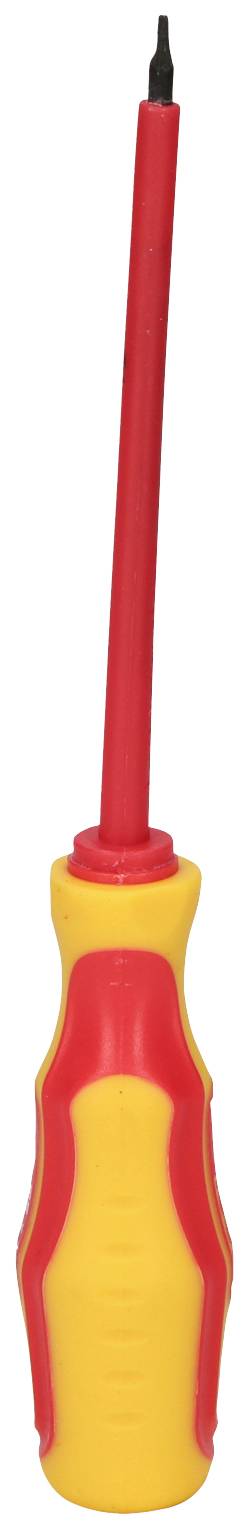 Ein isolierter Schraubendreher mit rotem Griff und gelbem Gummierteil, speziell für Elektrowerkzeugarbeiten konzipiert.
