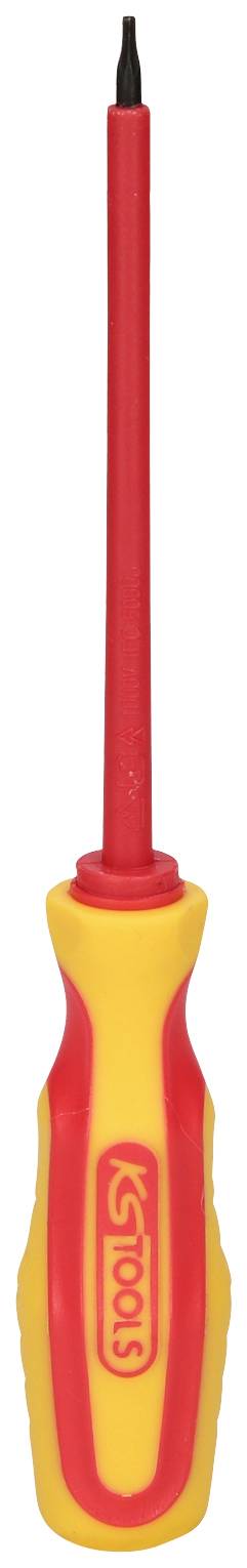 Ein gelb-roter Schraubendreher mit isoliertem Griff und schlanker Spitze, geeignet für Elektroarbeiten.