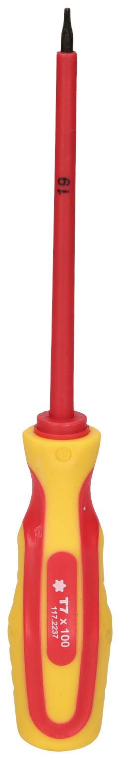 Ein isolierter Schraubendreher mit rotem Schaft und gelbem Griff, geeignet für Arbeiten an elektrischen Geräten.