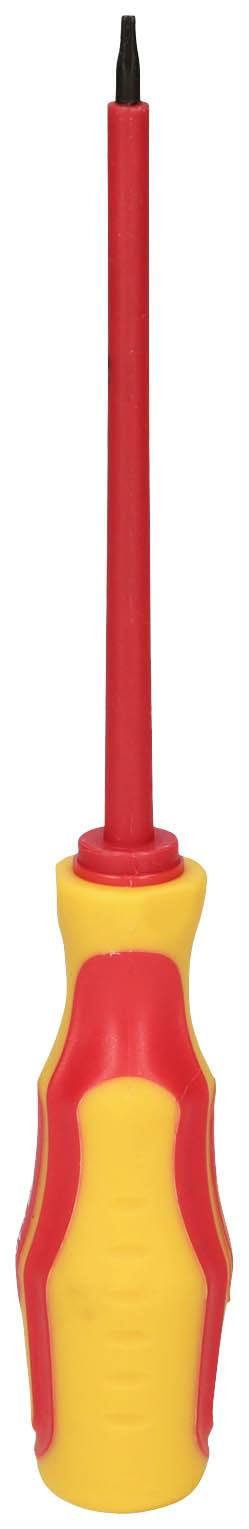 Ein isolierter Schraubendreher mit gelbem Griff und roter Spitze, verwendet für elektrische Arbeiten.