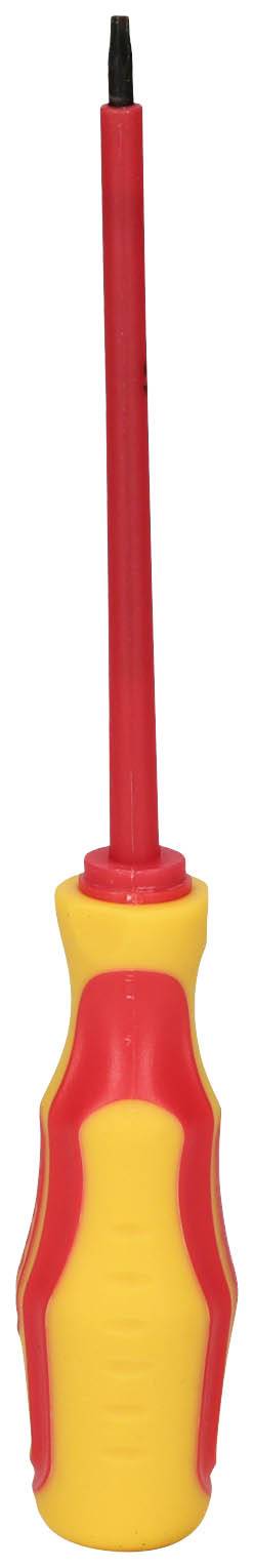 Ein isolierter Schraubendreher mit rotem Griff und gelber Isolierung, geeignet für Arbeiten an elektrischen Anlagen.
