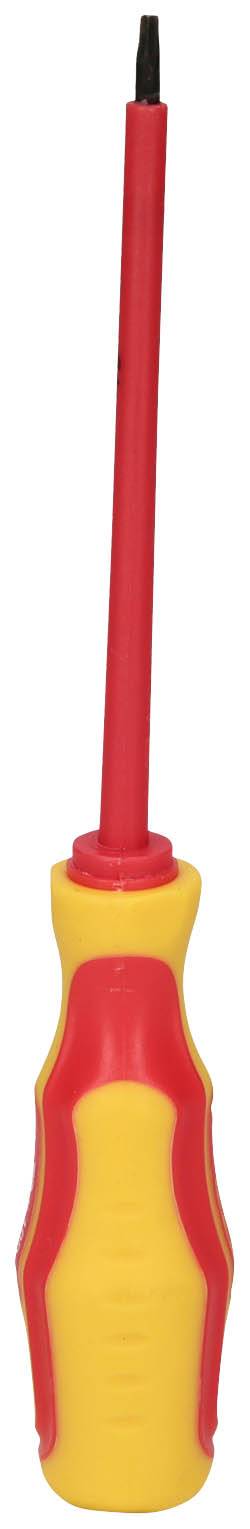 Ein rot-gelber Schraubendreher mit schmaler Spitze und isoliertem Griff.