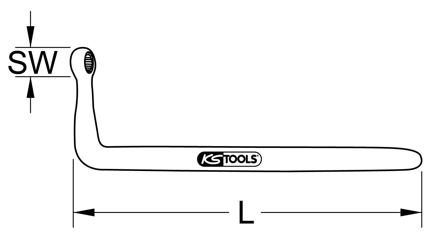 Abbildung eines KS Tools Ringschlüssels mit Bemaßungen. Links: 'SW' für Schlüsselweite, unten: 'L' für Länge.