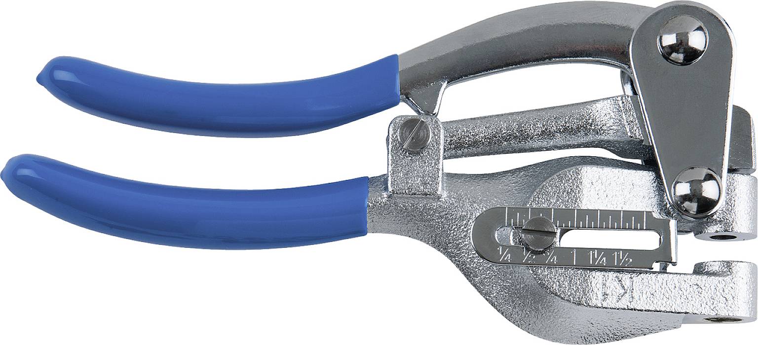 Eine silberne Ösenzange mit blauen Griffen, verwendet zum Stanzen von Löchern und Befestigen von Ösen in Materialien.