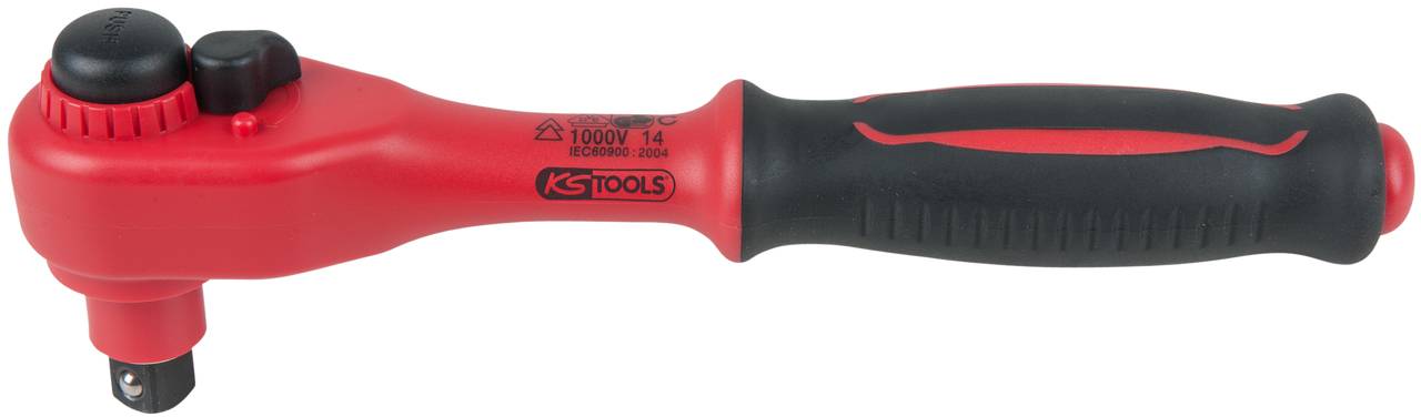 Ein rotes Isolier-Kugelschlagwerkzeug mit schwarzem Griff und 'KS Tools'-Logo, geeignet für Arbeiten bis 1000V.