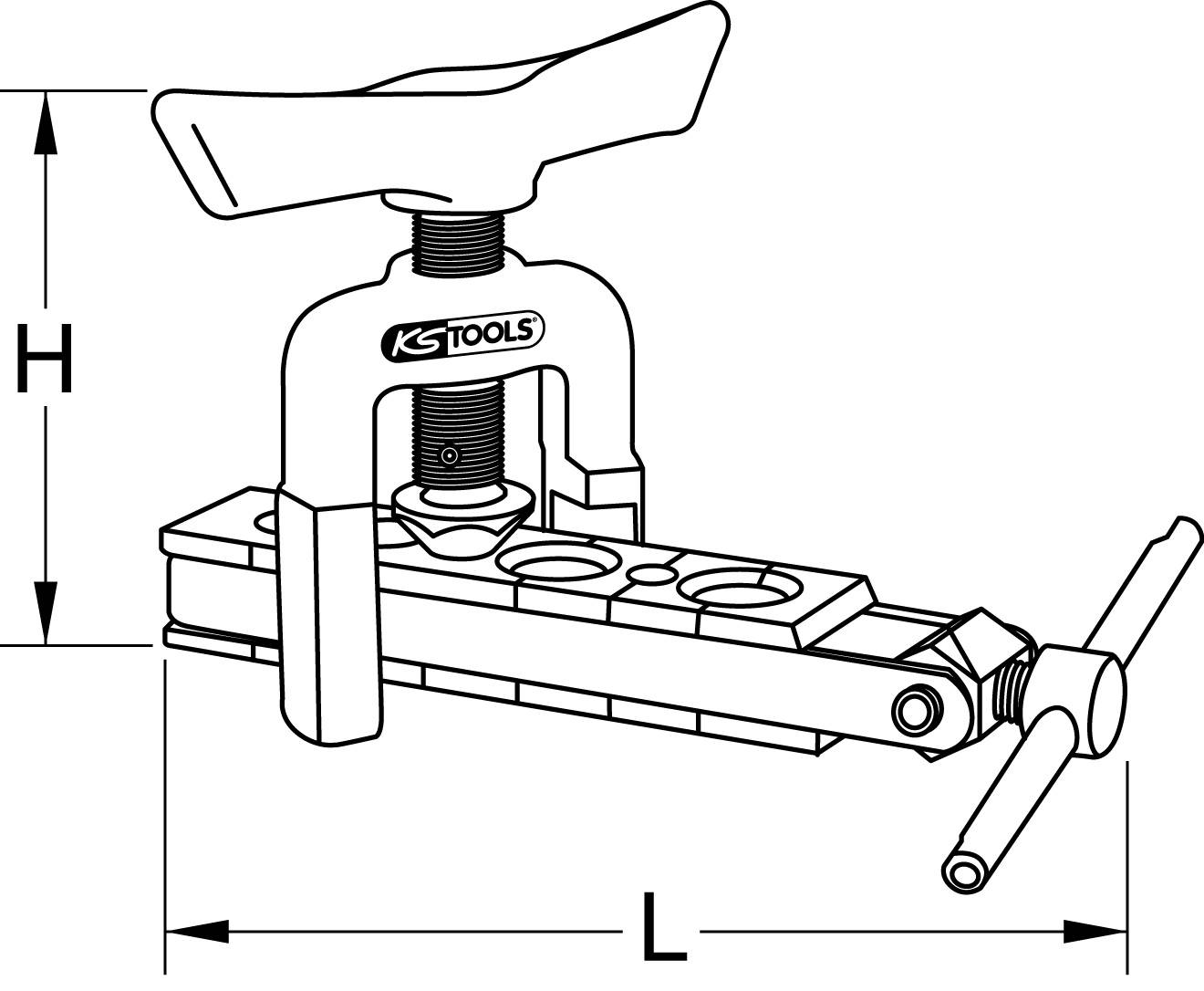 Das Bild zeigt ein Flare-Werkzeug von KS Tools, bestehend aus einem Haltegriff oben, einem Schraubmechanismus und einer Klemme.