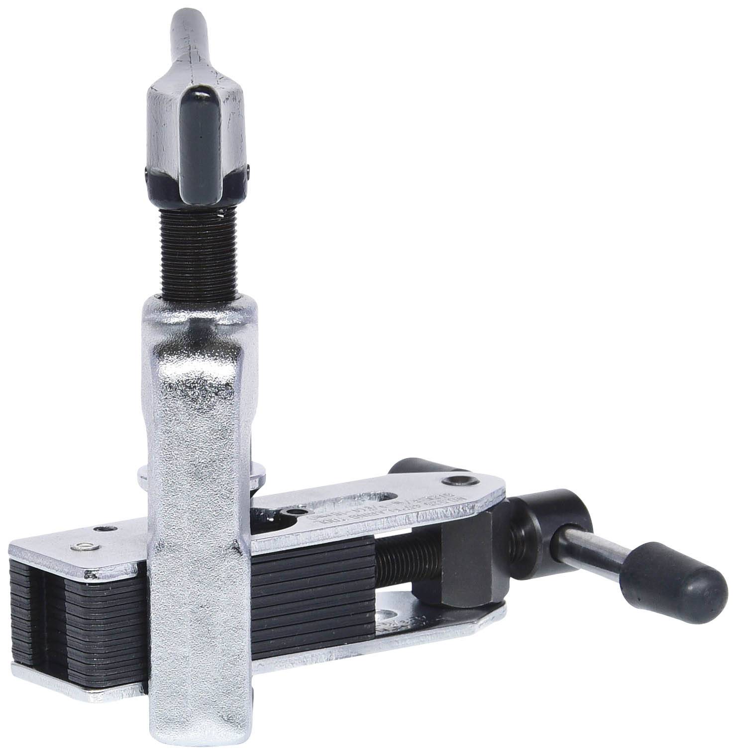 Metallische Hubstütze mit Hebemechanismus und schwarzem Gummigriff. Verwendet zum Anheben oder Stützen von Lasten.