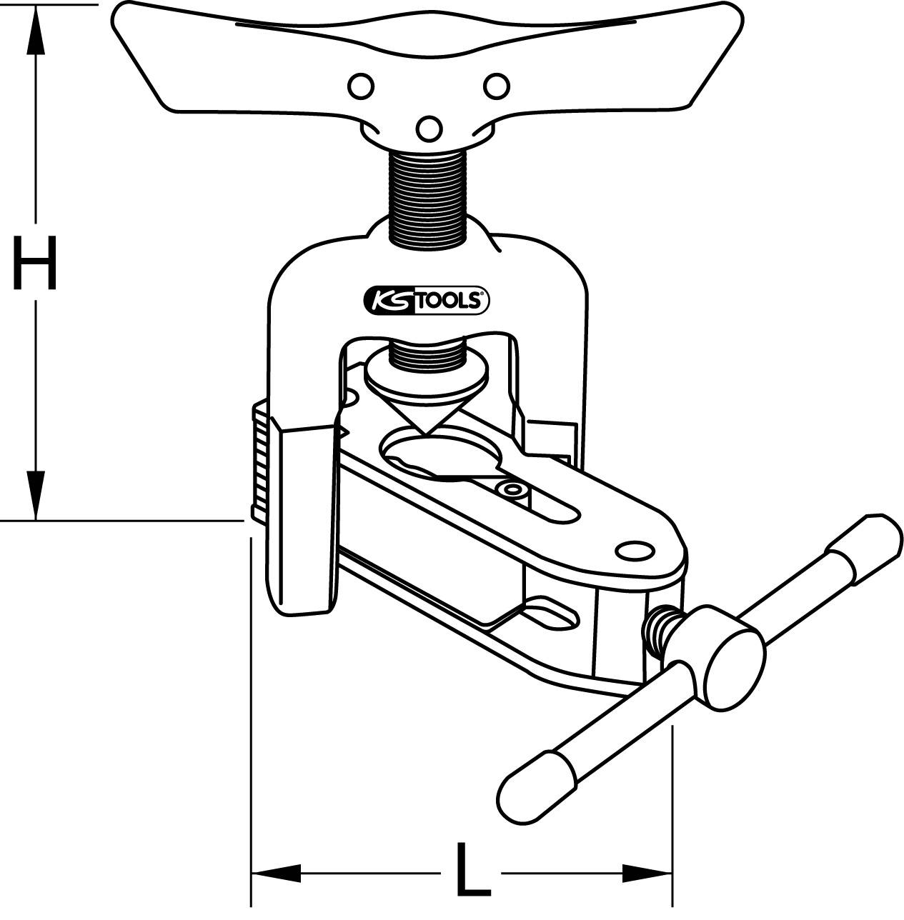 Darstellung eines Abziehers mit Spindel zum Entfernen von Lagern. H: Höhe, L: Länge. KS Tools-Logo auf der oberen Klemme.