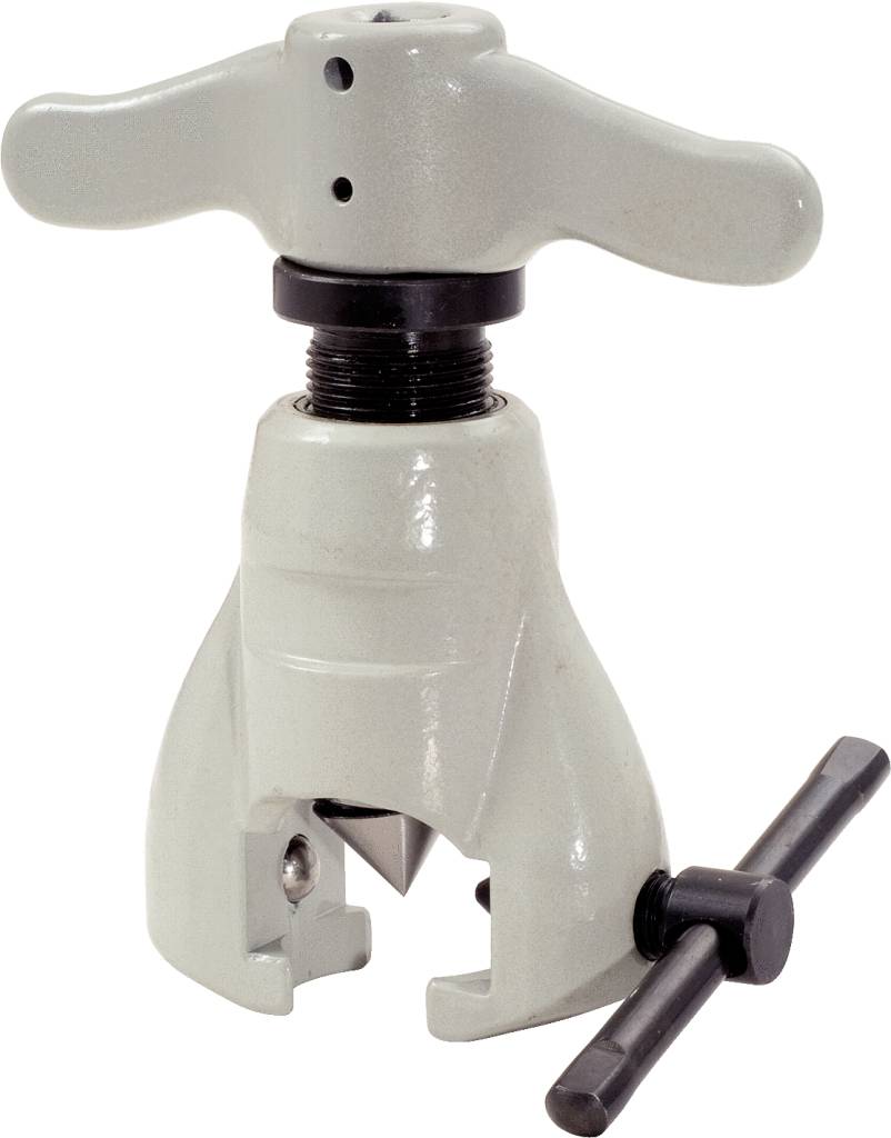 Manuelle Flare-Werkzeugmaschine mit grauem, T-förmigem Griff und schwarzem Spannmechanismus. Verwendet zum Aufweiten von Rohren.