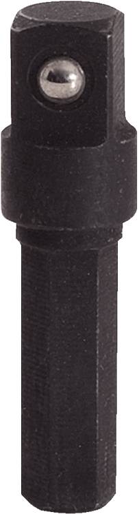 Schwarzer Steckschlüsseladapter mit sechseckiger Basis und kugelförmigem Verriegelungsmechanismus, geeignet für Werkzeuge und Maschinen.