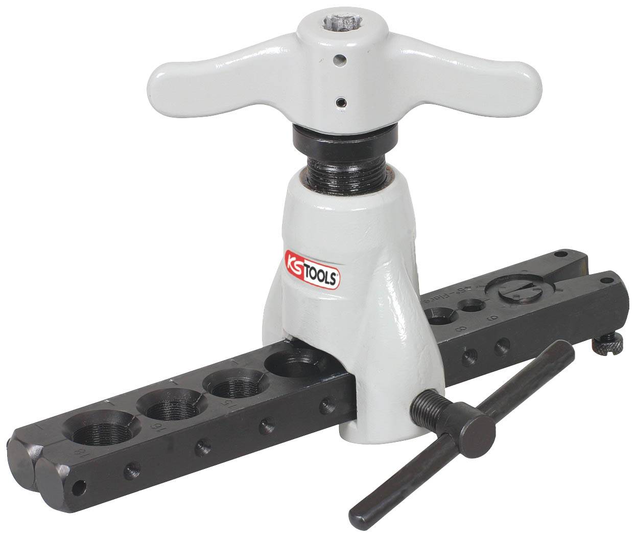 Ein Rohrbördelgerät mit mehreren Aufnahmepunkten, weißem T-Griff und schwarzem Metall wurdenkörpert mit Kurbelmechanismus.