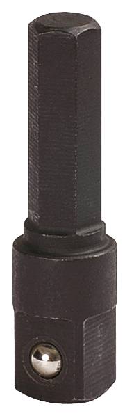 Ein sechseckiger Stecknussadapter mit schwarzer Beschichtung und einem silbernen Kugellagerbolzen, der in Werkstätten verwendet wird.
