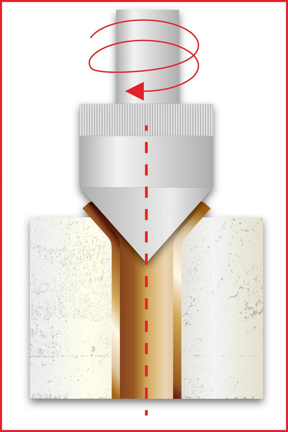 Bohrer in Aktion, der ein Loch in ein metallisches Material bohrt. Rote Linie zeigt die Rotationsbewegung des Bohrers an.