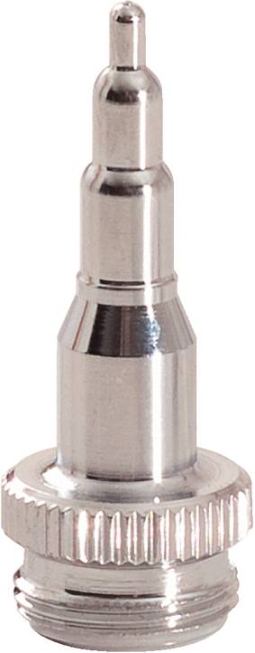 Ein silbernes Metallventil, das in Autos zur Befüllung der Klimaanlage verwendet wird. Es hat ein schmal zulaufendes, stabförmiges Design.