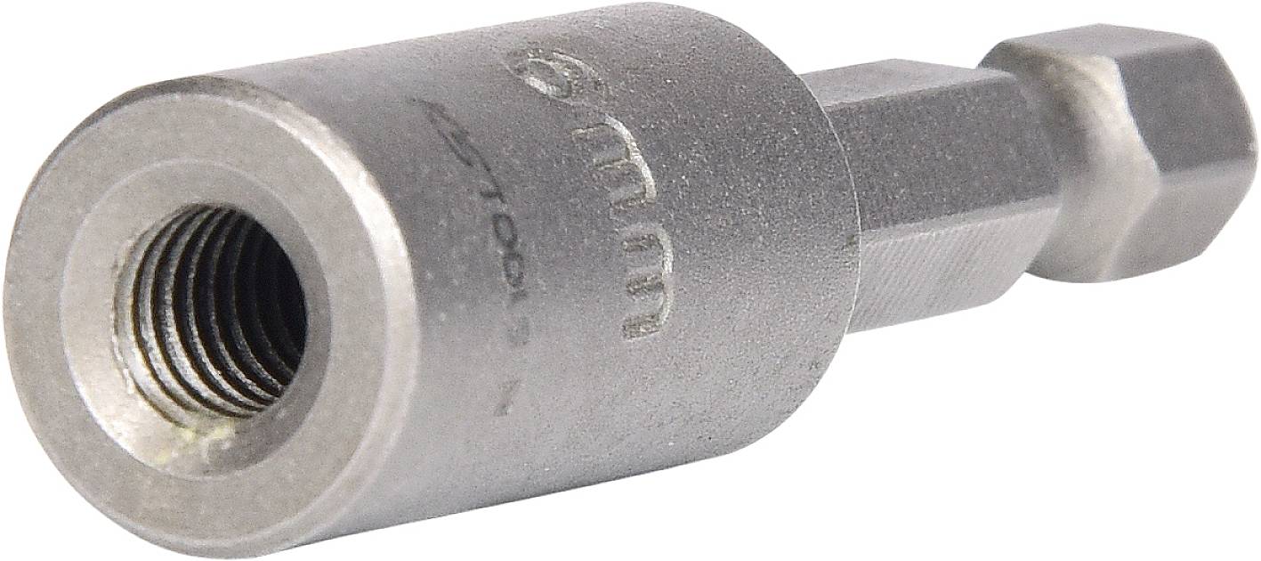 Ein Sechskant-Schraubendreher-Aufsatz aus Metall mit einer Gravur '6 mm'.