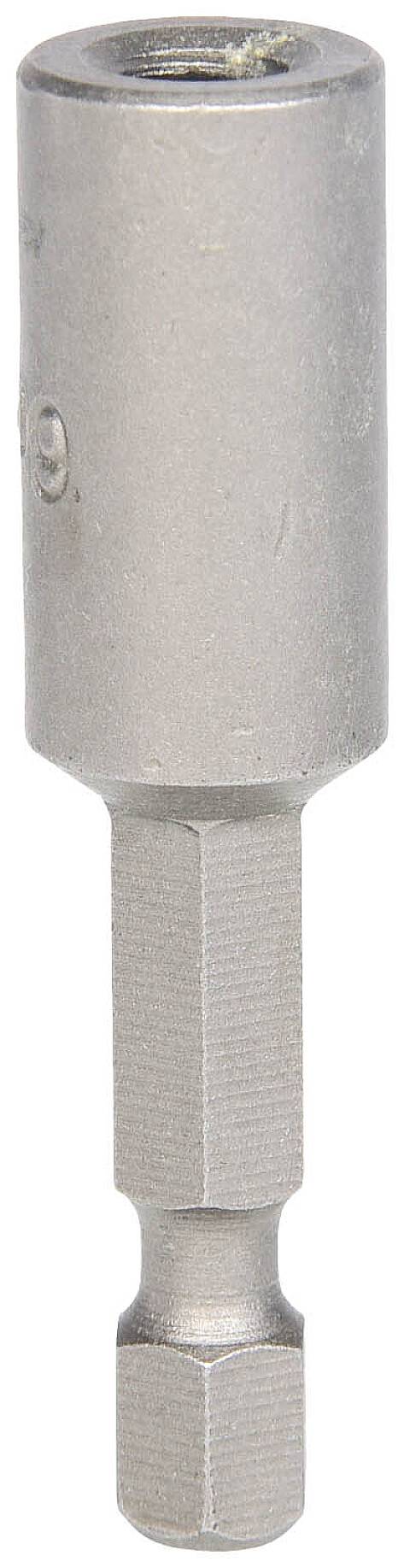 Ein silberner Sechskant-Magnethalter für Schrauben mit einem Schaft für Bohrmaschineneinsätze, geeignet für Heimwerkerarbeiten.