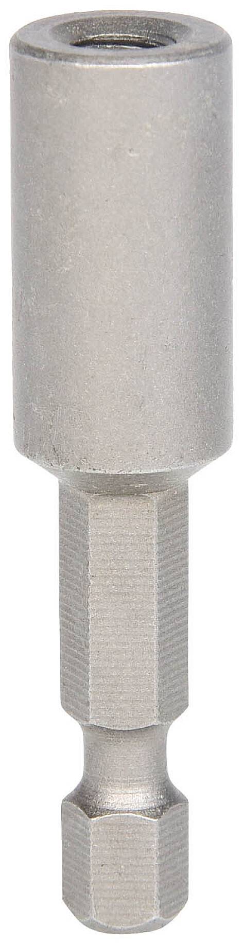 Ein grauer Magnet-Bit-Halter aus Metall, hexagonale Form, zum Einsetzen in einen Akkuschrauber oder eine Bohrmaschine geeignet.