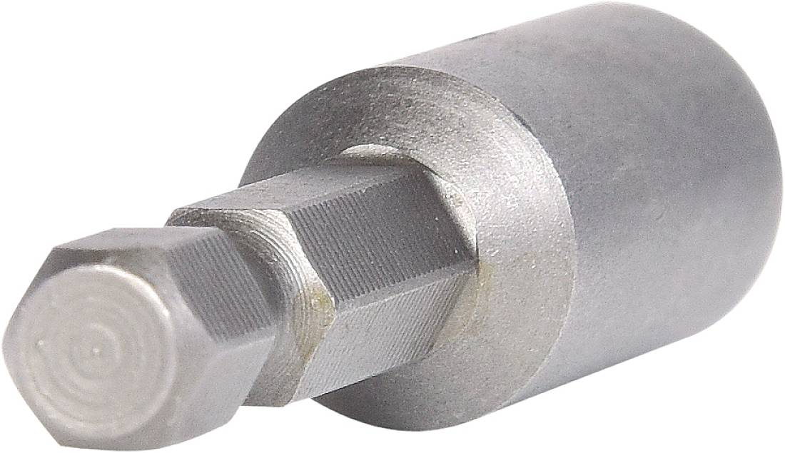 Metallischer Sechskantaufsatz für Bohrmaschinen, zylindrisch mit abgerundetem Kopf, vor weißem Hintergrund.