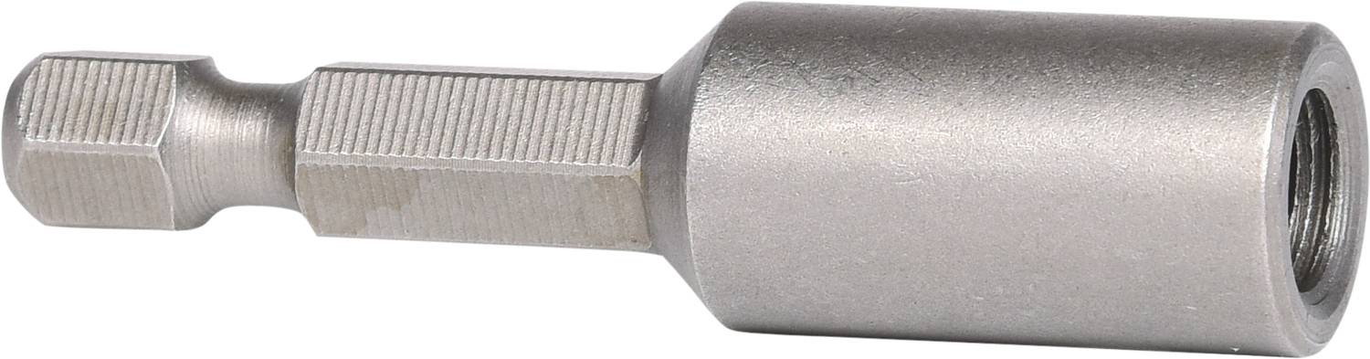 Ein silberner Metall-Bithalter mit sechseckigem Schaft und zylindrischer Hülse, verwendet als Verbindungselement für Werkzeuge.