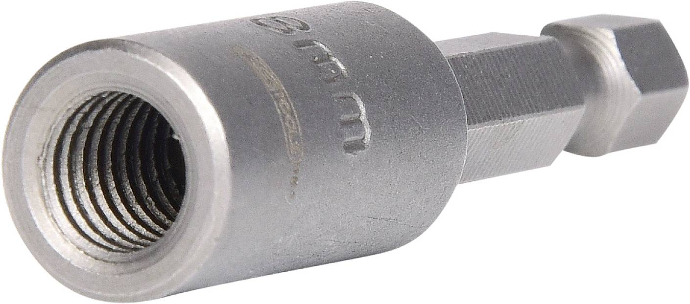 Metallischer 9-mm-Sechskant-Bitkopf mit Schraubengewinde, seitlich abgebildet.