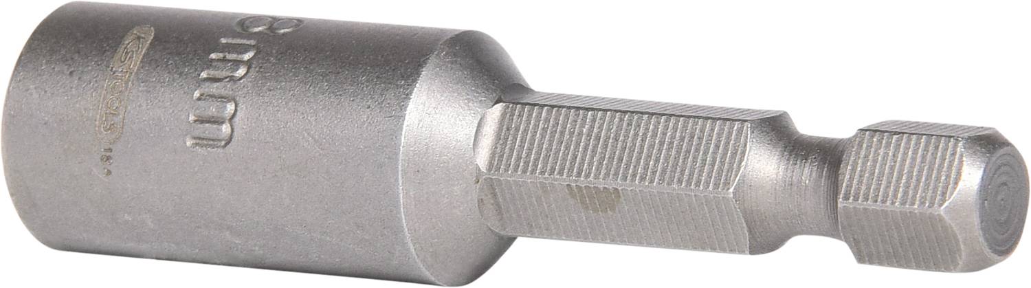 Ein silberner Sechskant-Bithalter mit einer '8mm' Gravur auf der Oberseite.