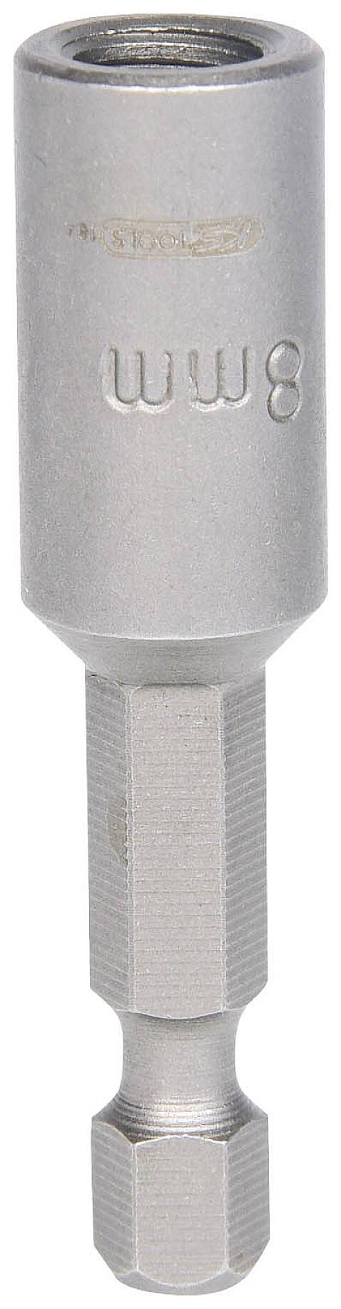 Metall-Bit mit sechseckiger Basis und '8 mm' Markierung. Geeignet zum Schrauben oder als Zubehör für Elektro- oder Handwerkzeuge.