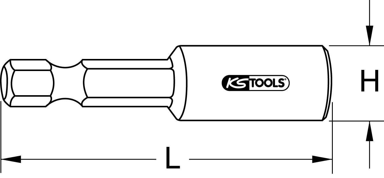 'Skizze eines Sechskant-Schrauber-Bits' von KS Tools, zeigt Maße: Länge (L) und Höhe (H), mit hexagonalem Schaft.