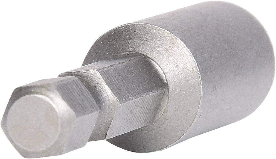 Ein silberfarbener Sechskantadapter aus Metall, mit einem geraden Schaft und einem runden Ende. Seine Funktion besteht darin, Bits in Bohrmaschinen oder Schraubern zu sichern.