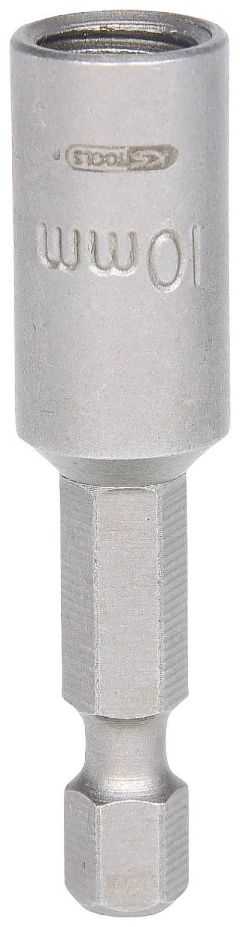 Stecknussaufsatz aus Metall mit Sechskantaufnahme für Akkuschrauber, beschriftet mit '10 mm'.