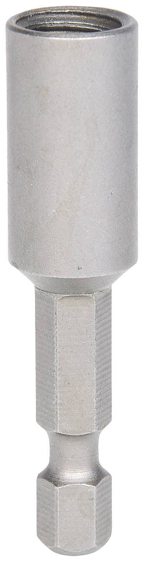 Ein silberner magnetischer Stecknussadapter aus Metall mit Sechskant-Schaft, zur Verwendung mit einem Akkuschrauber.