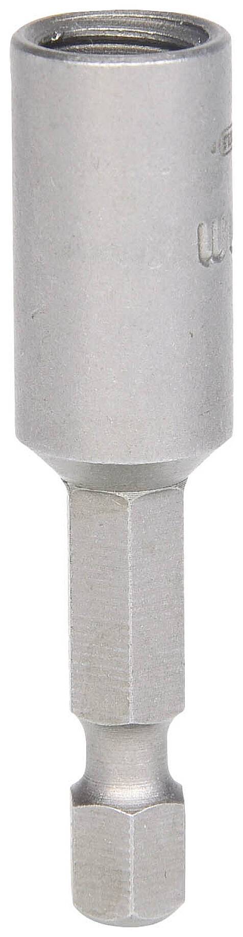 Metallischer Sechskant-Bit mit zylindrischem Schaft, typisch für Bohrwerkzeuge. Hauptsächlich in Schraubendrehern und Bohrmaschinen verwendet.