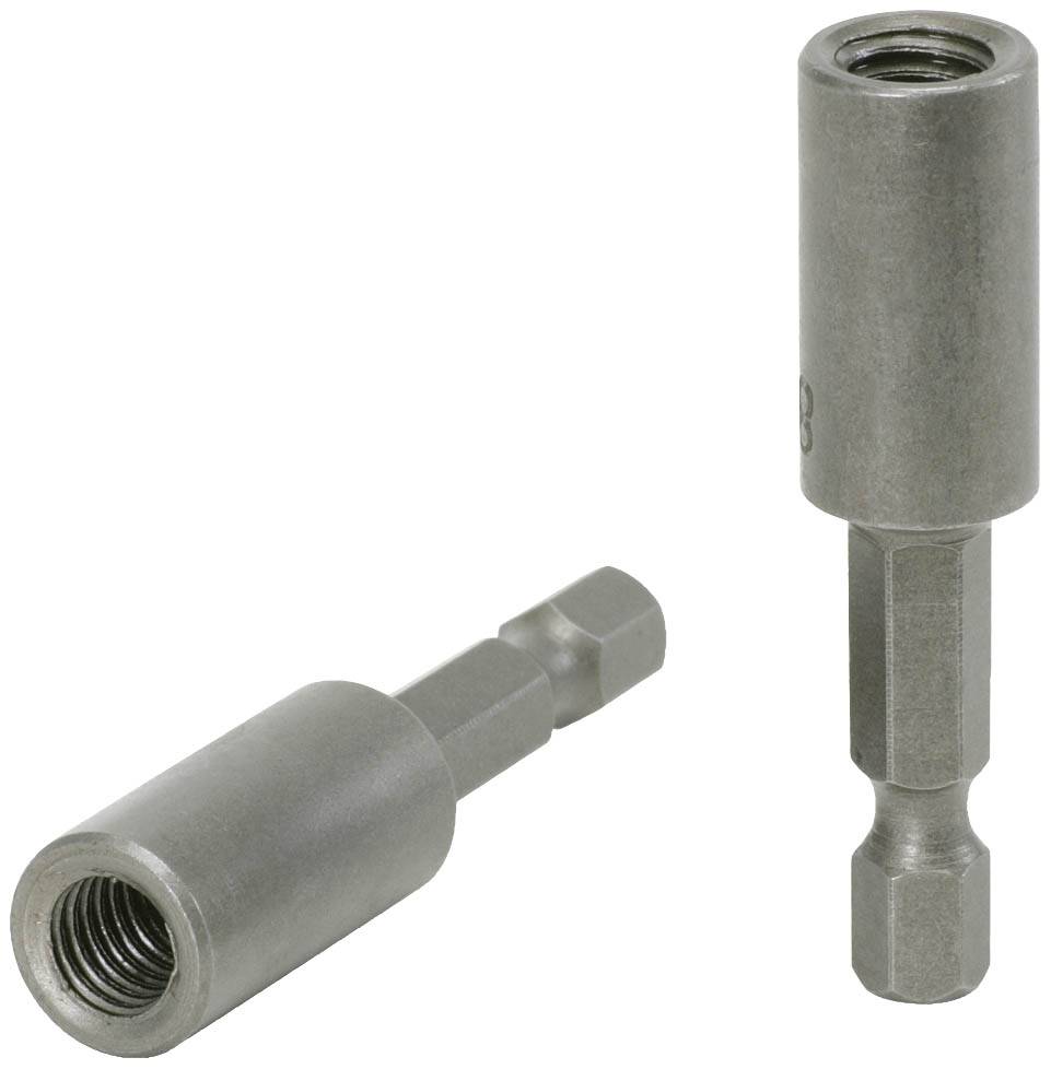 Zwei metallische Bit-Aufnahmen mit Sechskantantrieb, eine liegend, die andere stehend. Sie sind Werkzeuge zum Schrauben.