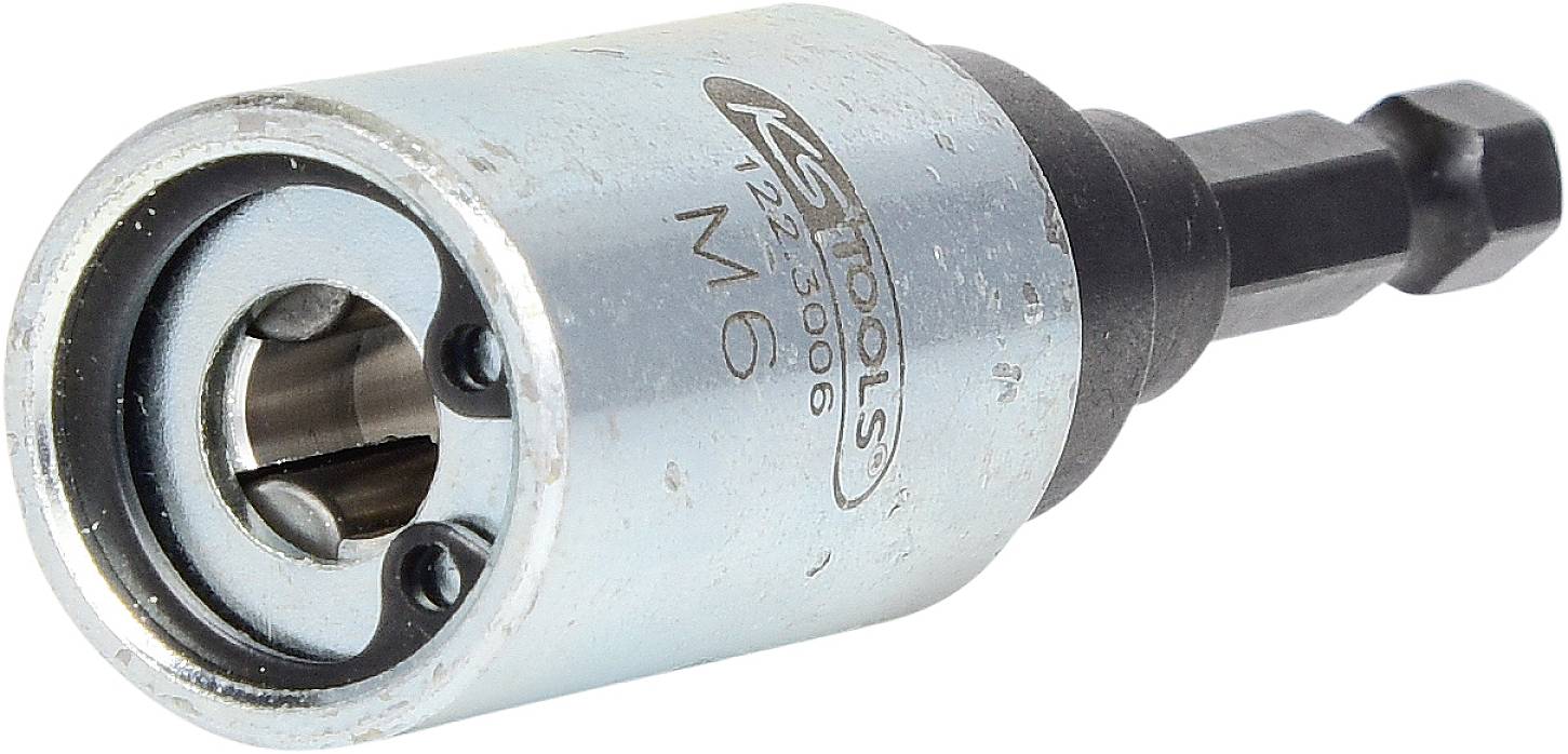 Metallisches Werkzeug, Kegelsenkbohrer mit Sechskant-Schaft und Aufschrift 'KS Tools 122.3006 M6', zum Schraubenversenken.