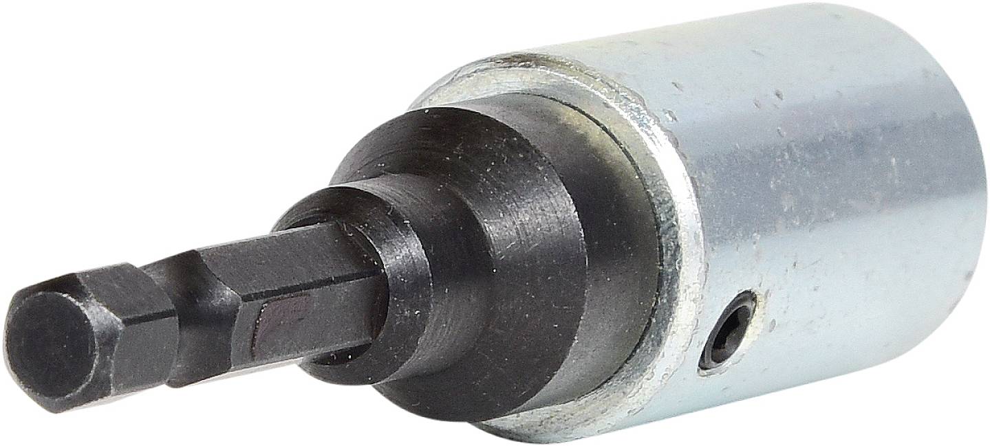Ein silberner Schraubenkopf mit zylindrischem Metallgehäuse. Wird als Aufsatz für einen Akkuschrauber oder Bohrmaschine verwendet.