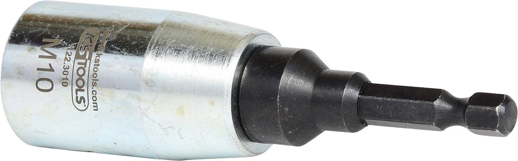 Metallischer Einsatzadapter mit hexagonalem Schaft und Beschriftung 'Stools M10'. Wird für Spann- oder Montagearbeiten verwendet.