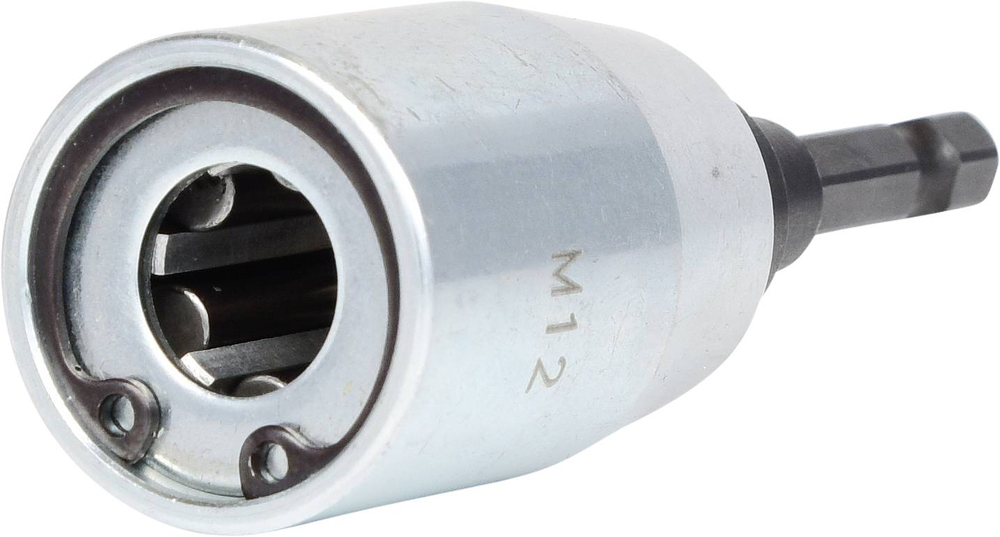 Ein universeller Steckschlüssel-Aufsatz, silberfarben, geeignet für verschiedene Schraubengrößen. Ideal für handwerkliche Arbeiten.
