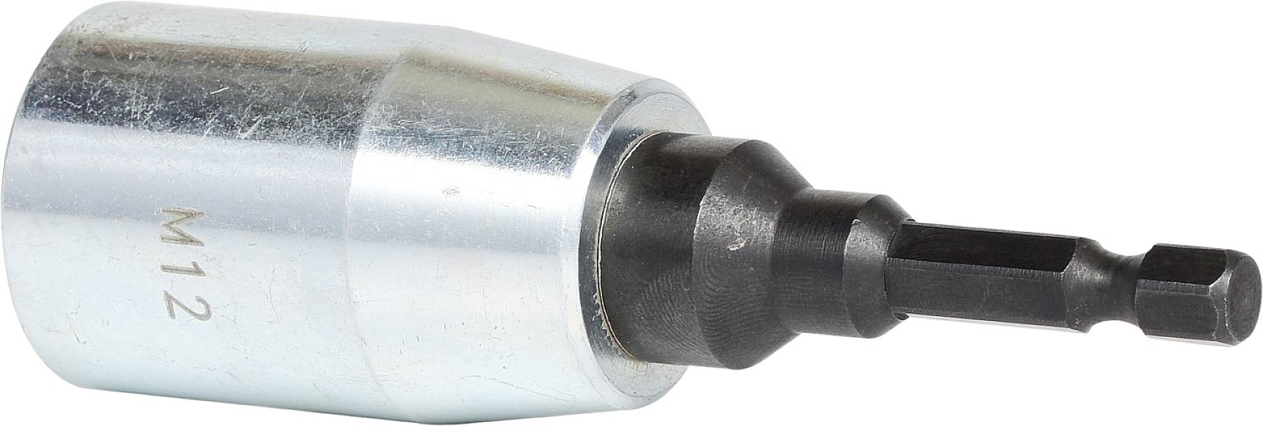 Ein silberner Gewindeeinsatz mit der Aufschrift 'M12' und einem schwarzen Sechskant-Schaft, geeignet für Befestigungsanwendungen.